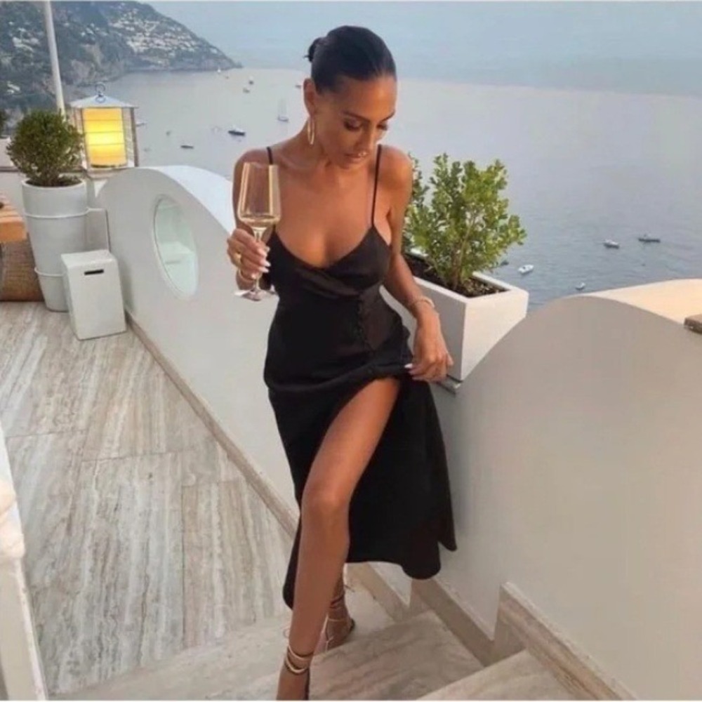 Zara Satin Effect Slip Dress Buttons Midi Dress Side Slit Evening Gown Wedding S